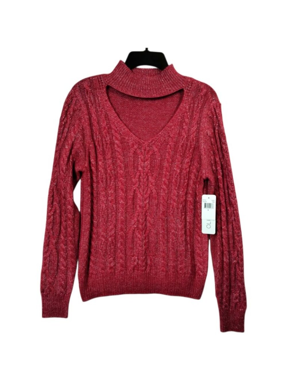 Olivia Sky Sweater Small Red Metallic Cable Knit Choker Cutout Long Sleeve